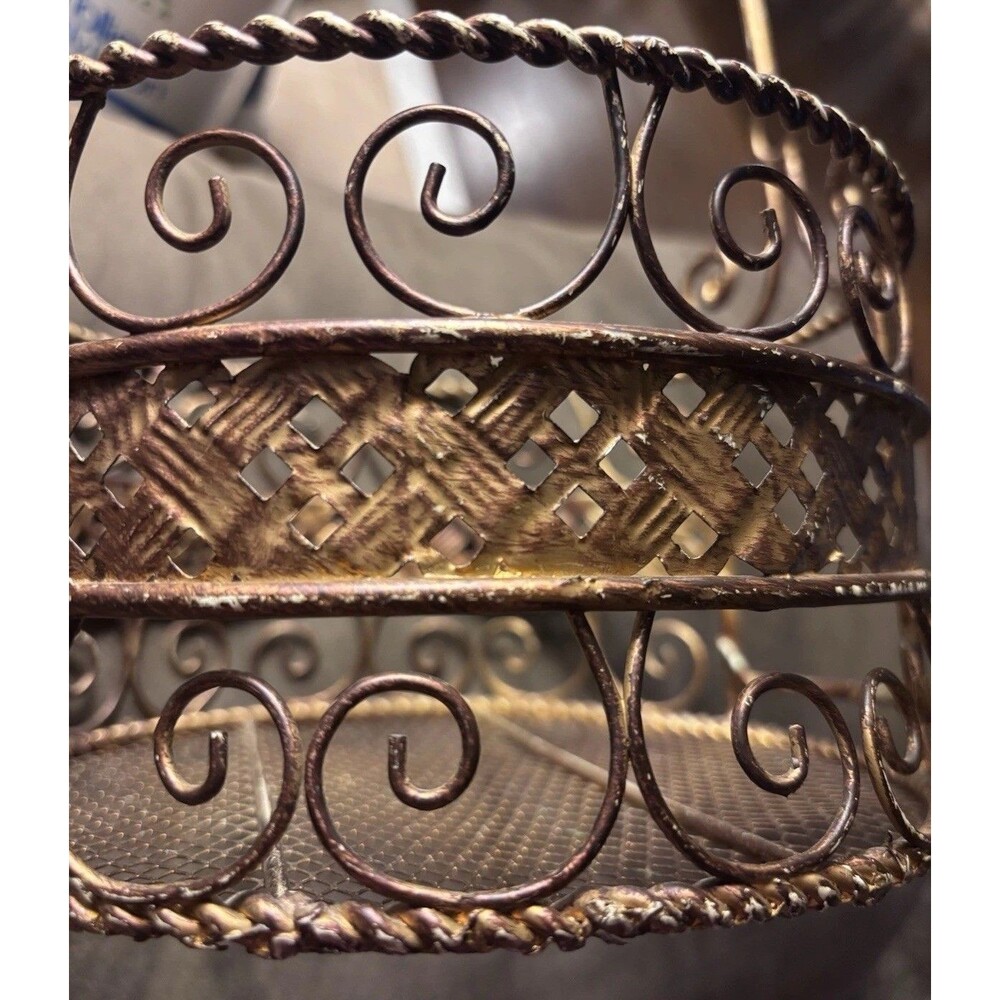 Vintage Rustic Metal Scrollwork Basket / Planter Holder with Handle